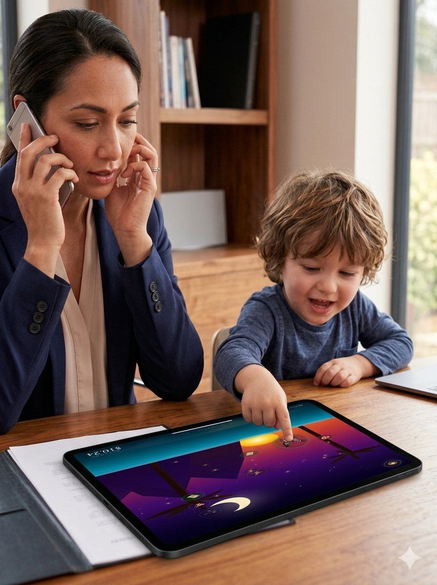 A parent takes a work call while a child plays with Oasis