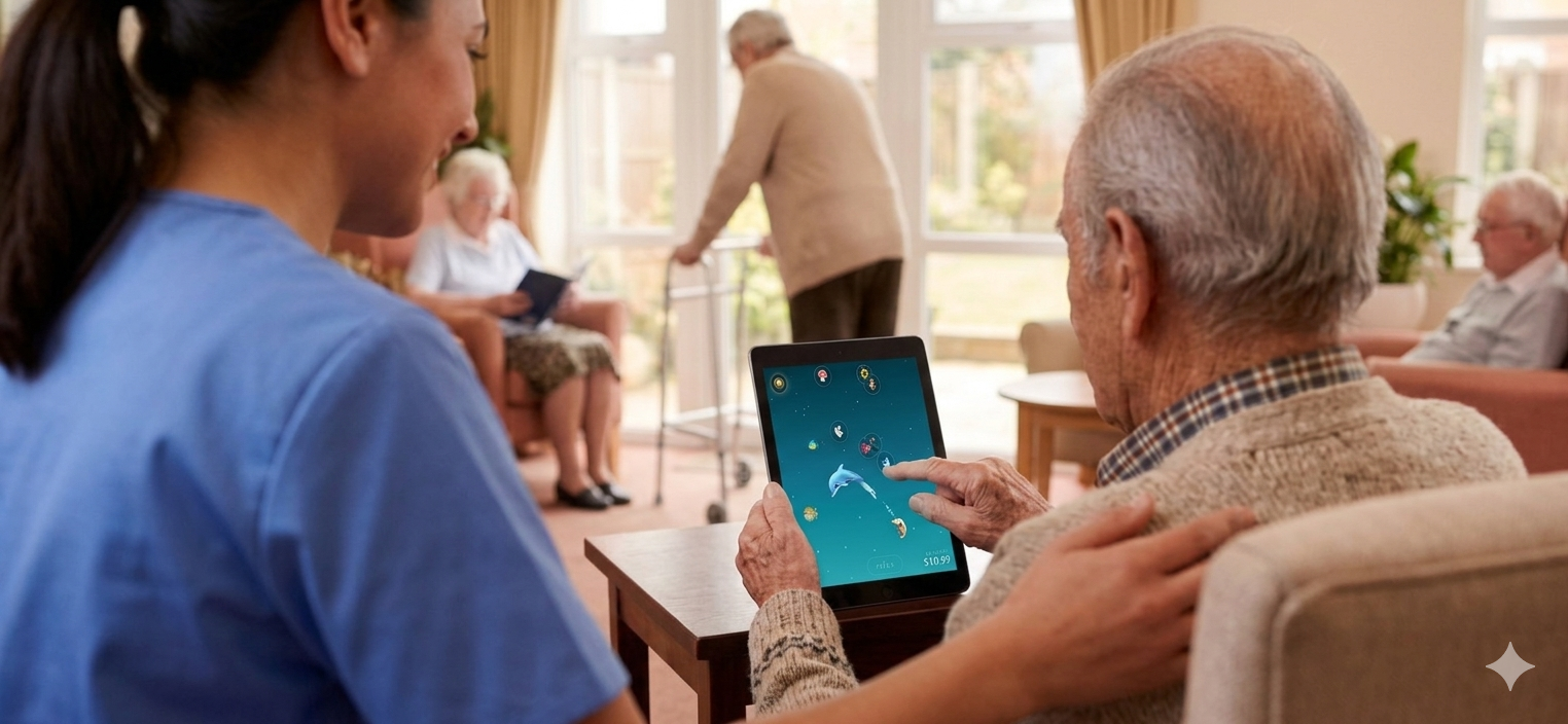 A nurse sits with a senior enjoying Oasis