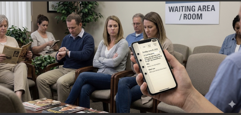 Someone writing in the journal in a waiting room