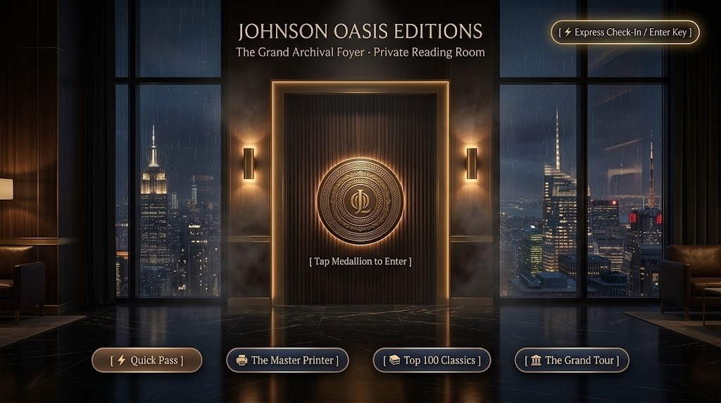 Johnson Oasis Editions, The Grand Archival Foyer: a walnut door with a gold medallion between night-city windows