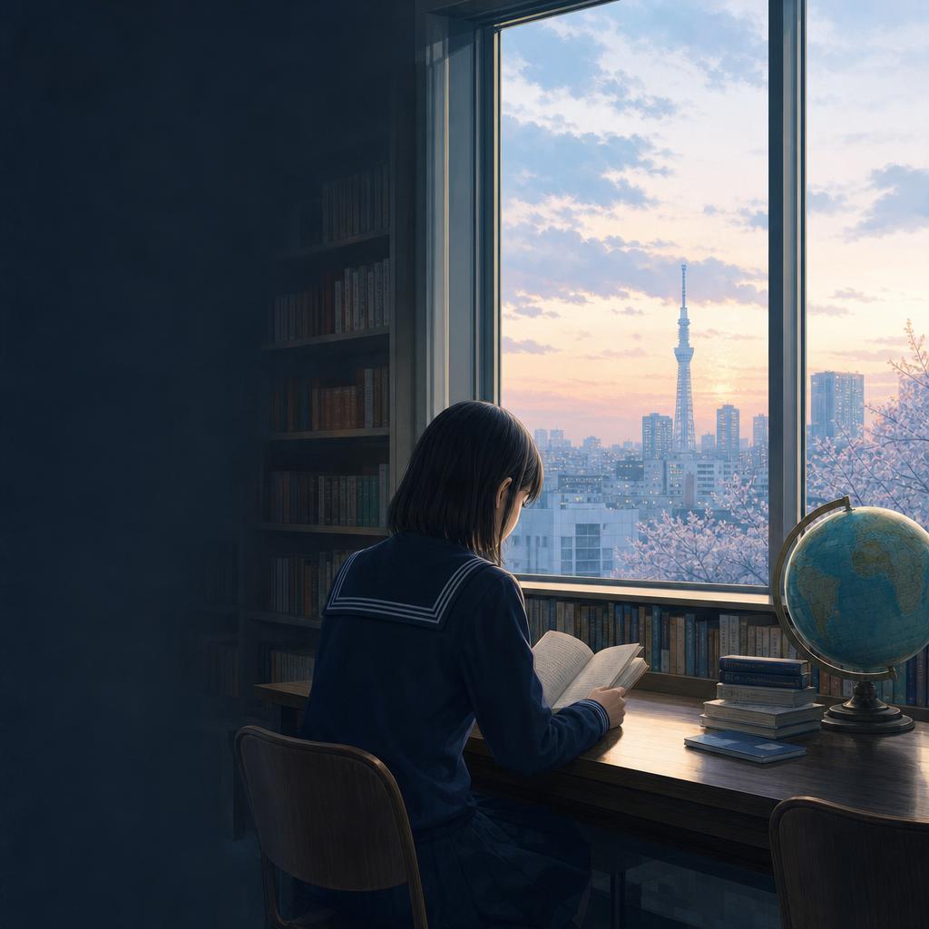 A student in a dark room reading a book by the window at sunrise over a city.