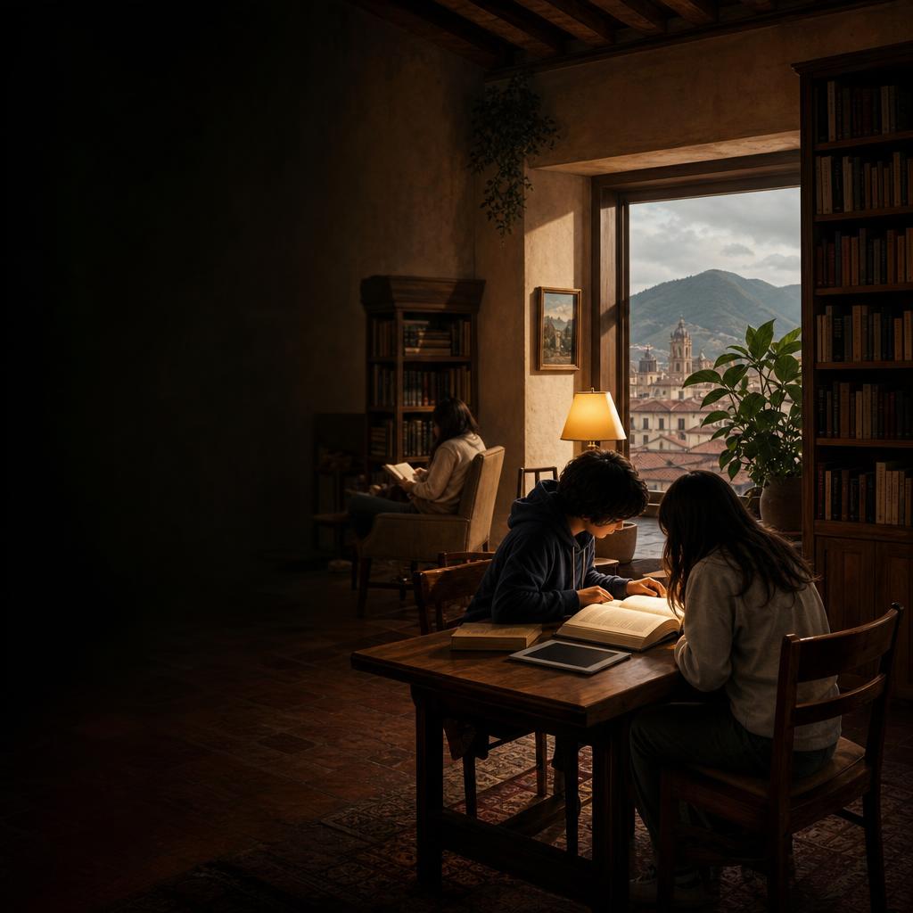 Two young students reading by a warm desk lamp in a library overlooking a town.