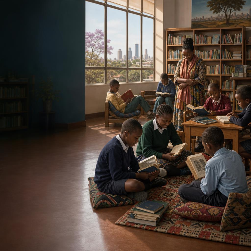 Children sitting on the floor reading books in a bright room with a teacher standing nearby.